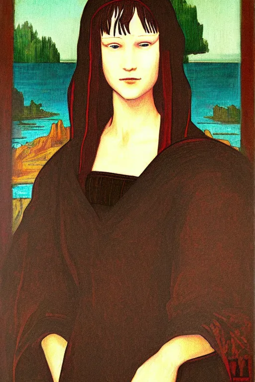 Image similar to portrait of rei ayanami in the style of the mona lisa painting