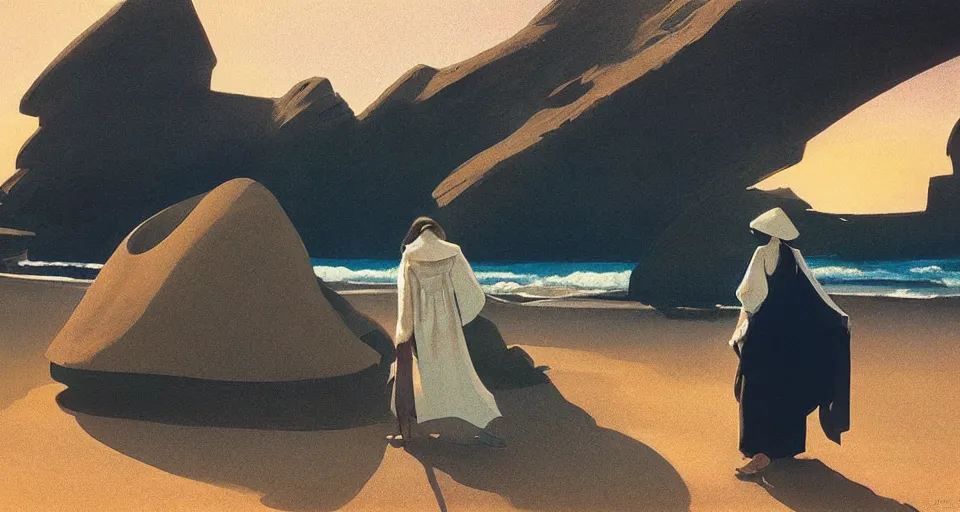 Image similar to a hermit girl standing outside her big seashell home, atmospheric cinematography by syd mead