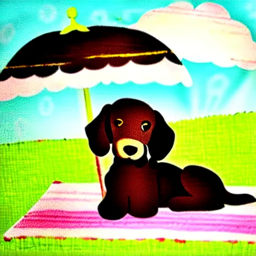 Image similar to cute brown spaniel by the seaside, parasols, bright towels, geometric, pop, sketch, artwork