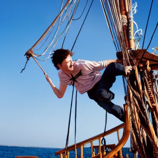 Prompt: a young man jumping on a pirate ship