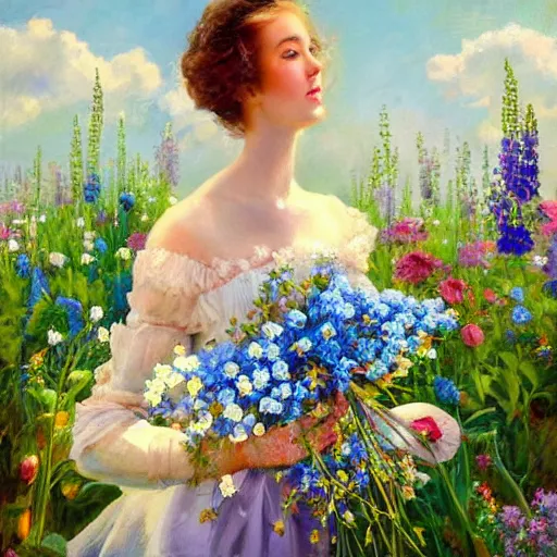 Image similar to a portrait of a romantic woman with flowers grow out of hair, roses peonies forget-me-nots dahlias lupins gladioli, sky theme in background, by Alexandr Averin, Digital Art, Trending on artstation