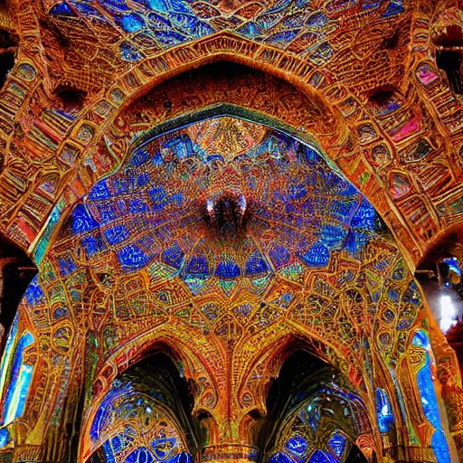 Image similar to cosmic cathedral created by the gods, intricate muqarnas, beautiful colors, bold architecture, detailed, 4 k