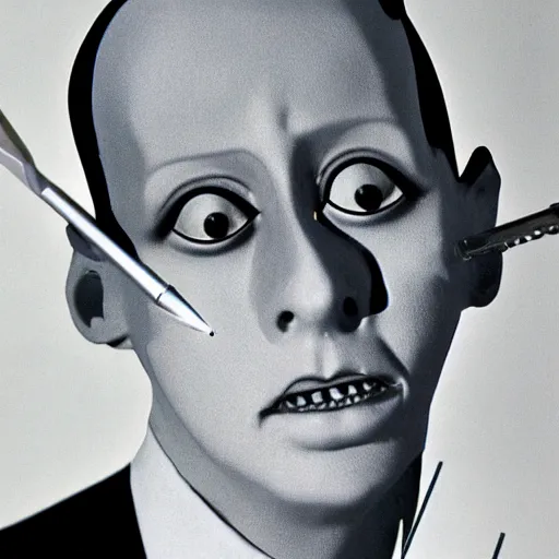 Prompt: a high quality product photo ad of klaus nomi with a technical reed rollerball pen exacto knife by junji ito and joseph cornell, ethereal eel made in switzerland