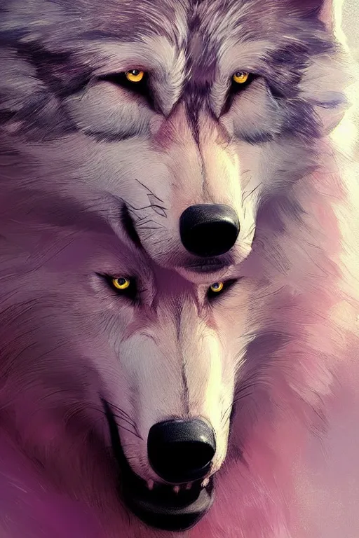 Prompt: painted portrait of realistic wolf wearing pink shirt, mature, handsome, blue eyes, intricate, digital painting, artstation, concept art, smooth, sharp focus, illustration, art by gaston bussiere and greg rutkowski