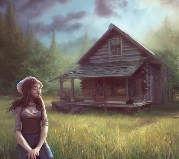 Image similar to a beautiful girl In front of the cabin, the country, by Artgerm Lau，hyperdetailed, trending on artstation, trending on deviantart