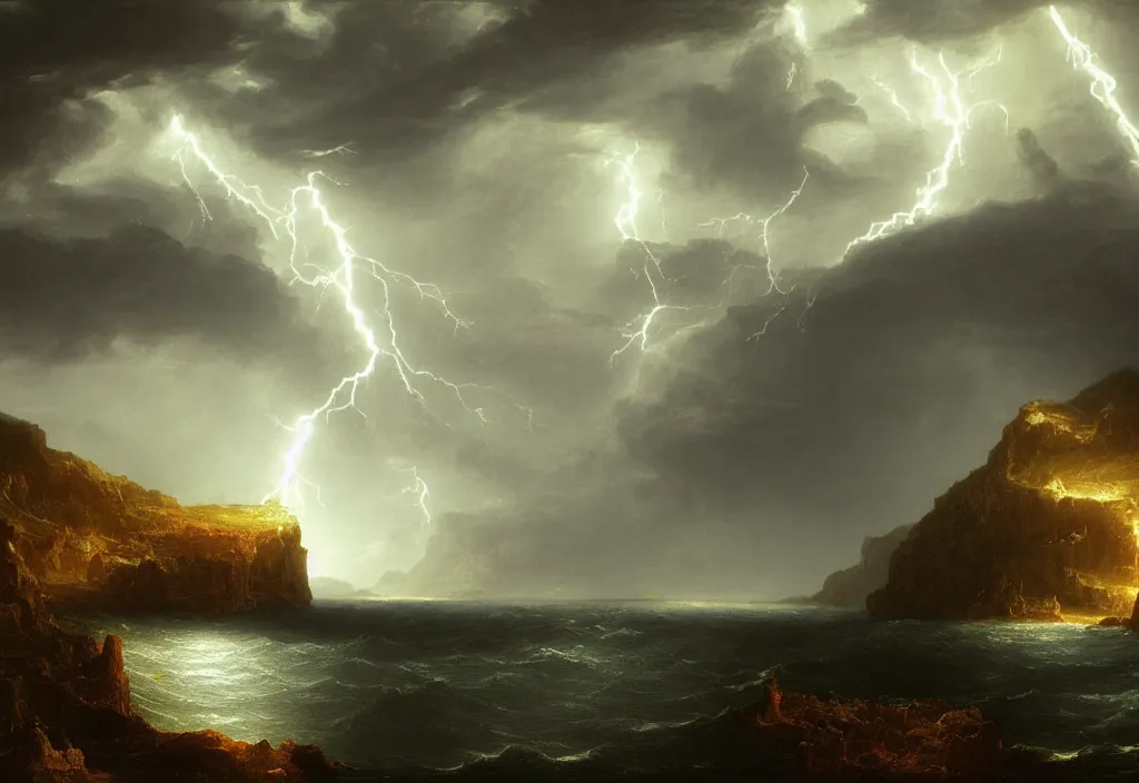 Prompt: thomas cole coastal landscape. dramatic concept art, 4k, octane render. Realistic, cinematic lightning