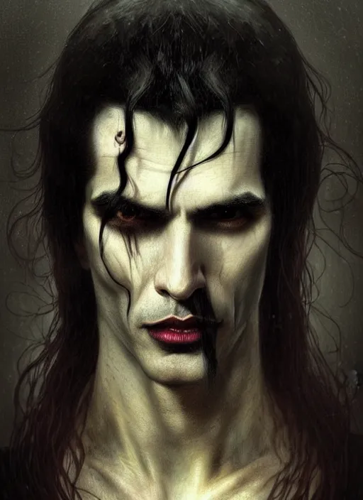 Image similar to portrait of a ancient immortal vampire elegant man with long tangles of black hair, beautiful piercing eyes, gothic fog ambience, hyper realistic head, fantasy art, in the style of greg rutkowski, zdizslaw beksinski, intricate, alphonse mucha, hyper detailed, smooth