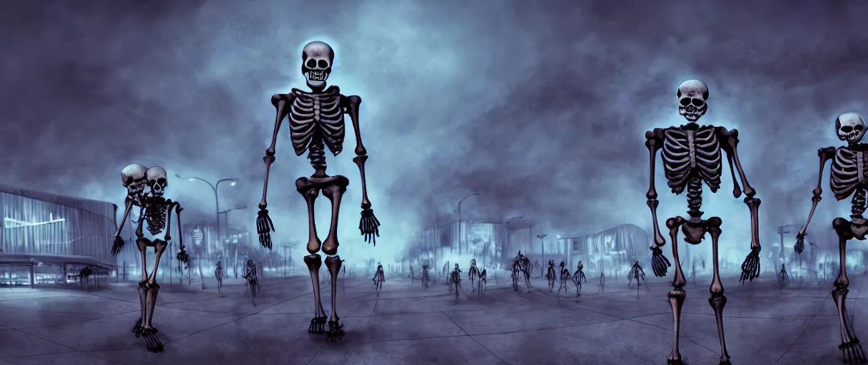 Image similar to hyperrealistic skeleton army mall in background ute osterwald jason limon concept art dramatic blue lighting wide angle hd 8k sharp shallow depth of field