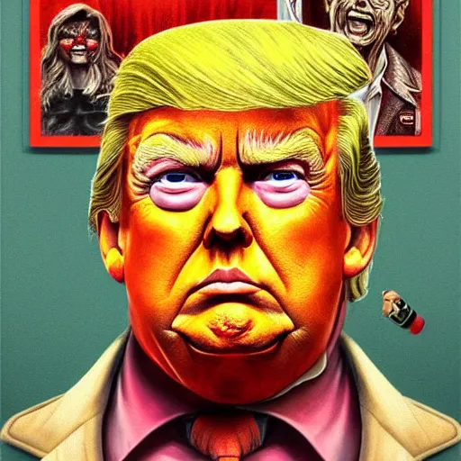 Prompt: a poster design of a close portrait donald trump as The Toxic Avenger (1984), warm color, Highly detailed labeled, poster, peter mohrbacher, featured on Artstation