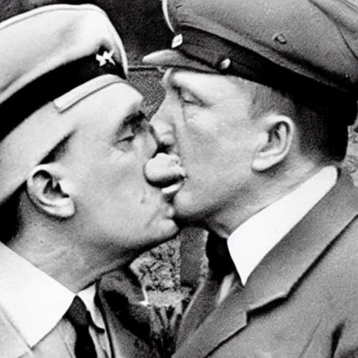 Prompt: Hitler kissing Putin, realistic photo, 8k, grotesque,