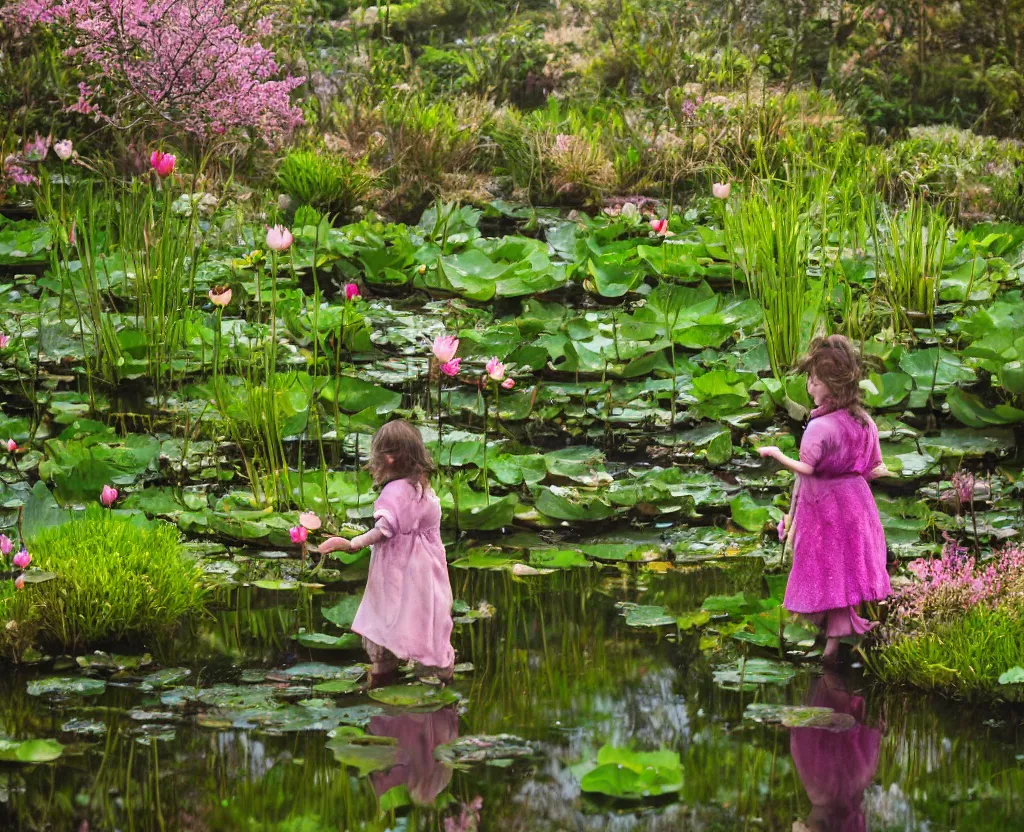 Prompt: a hobbit girl backlit carrying flowers near a mirror like pond, by martin parr, colorful clothing, springtime flowers and foliage in full bloom, lotus flowers on the water, dark foggy forest background, sunlight filtering through the trees, 3 5 mm photography