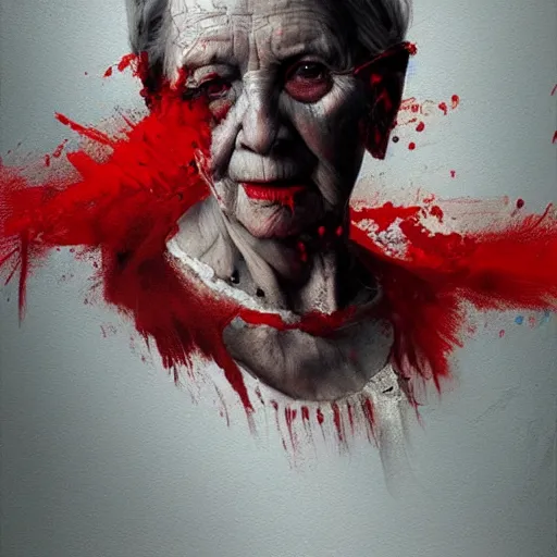 Prompt: elderly woman with black eyes covered in red paint, intricate, art by greg rutkowski, high detailed, 4 k,