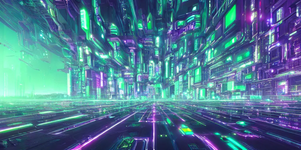 Image similar to a landscape view of a cybernetic cathedral overlooking an higway made of rows of glowing green codes and symbols, cyberpunk, beautiful detailed, cinematic, strong lighting, hi - fructose art magazine, photorealistic, 8 k, gradient cyan to purple