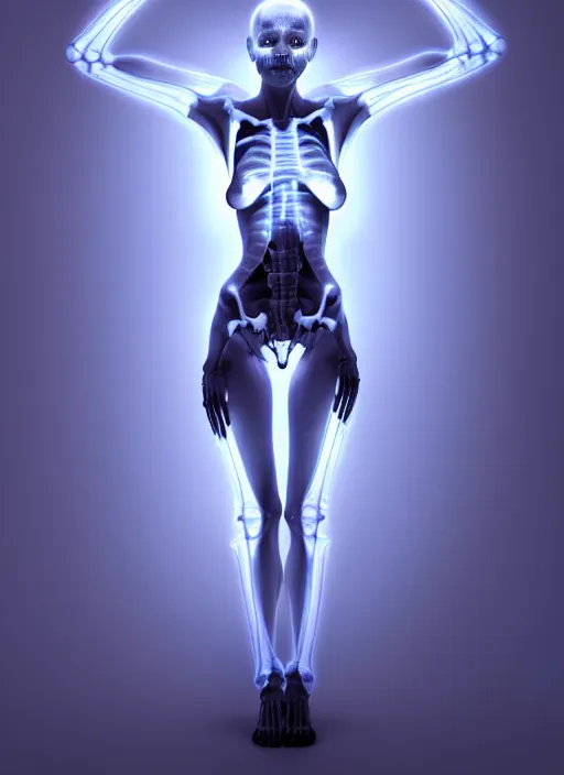 Image similar to female posing sensual figure x - ray, skeletal, glowing veins under translucent skin, highly detailed skin, bioluminescent, plasma, greg rutkowski, 8 k trending on artstation,