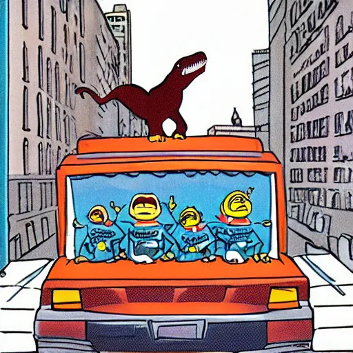 Image similar to animated tyrannosaurus skateboarding on a truck through new York City, cartoon, 1993, by amblimation, by universal pictures