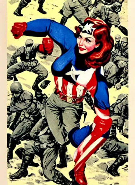 Image similar to beautiful female captain america standing on a pile of defeated, beaten and broken german soldiers. feminist captain america wins wwii. cheering american soldiers. american wwii propaganda poster by james gurney. gorgeous face. overwatch