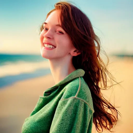 Image similar to portrait of a cute thin young woman, bronze brown hair, emerald green eye color, red blush, cute freckles, smug smile, modern clothes, relaxing on the beach, golden hour, close up shot, 8 k, art by irakli nadar, hyperrealism, hyperdetailed, ultra realistic