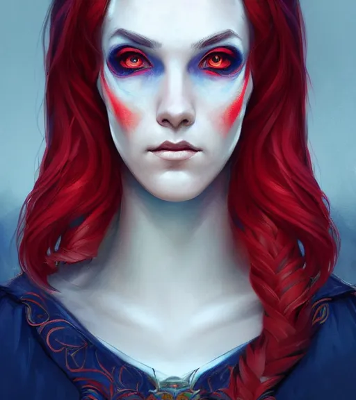 Prompt: A detailed matte head on symmetrical fanart portrait of a distinguished elven woman with red and blue hair by Charlie bowater and lise deharme wlop, critical role