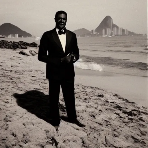 Prompt: vintage photo of a black man wearing a black suit in rio de janeiro