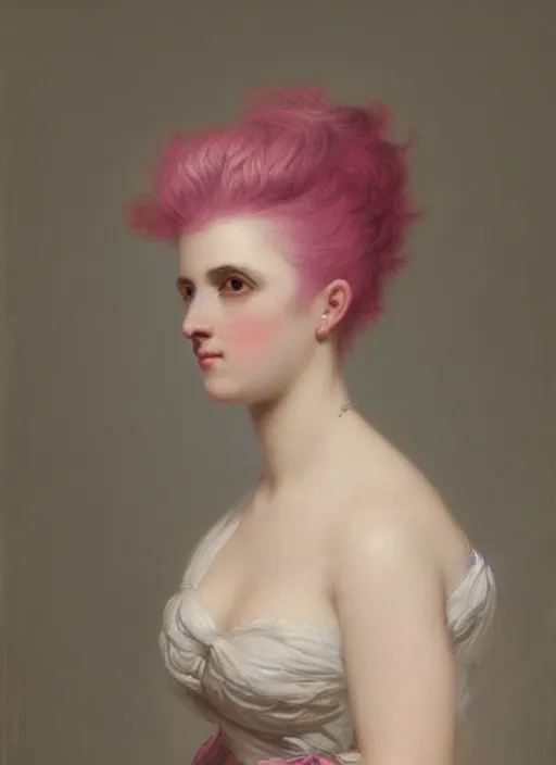 Prompt: a detailed portrait of woman with a mohawk by edouard bisson, year 1 8 5 0, pink hair, punk rock, oil painting, muted colours, soft lighting