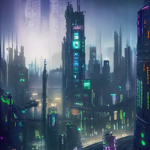 Image similar to victorian cyberpunk cityscape