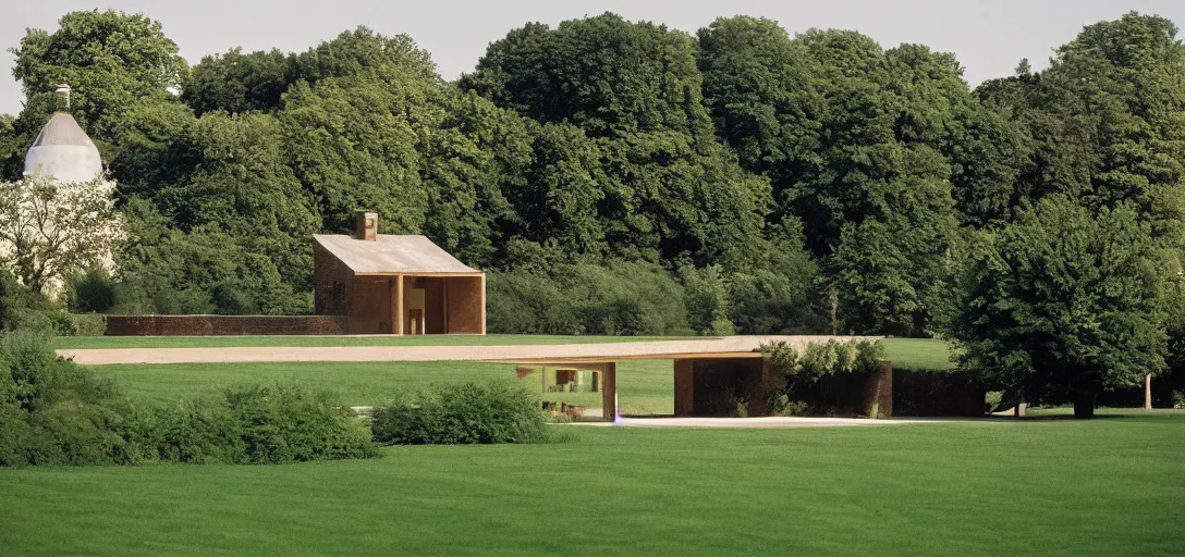 Prompt: farmhouse designed by santiago calatrava. landscape design by capability brown. fujinon premista 1 9 - 4 5 mm t 2. 9. portra 8 0 0.