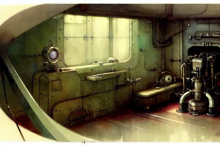 Image similar to ( ( ( ( ( 1 9 5 0 s retro science fiction engine room interior scene. muted colors. ) ) ) ) ) by jean - baptiste monge!!!!!!!!!!!!!!!!!!!!!!!!!!!!!!