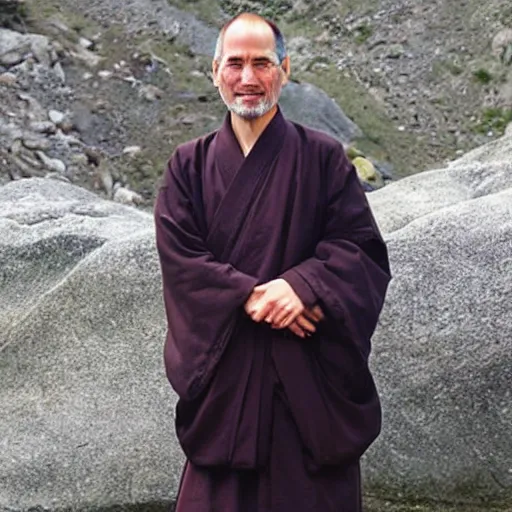 Prompt: a photograph of steve jobs if he was japanese living as a monk in the himalayas