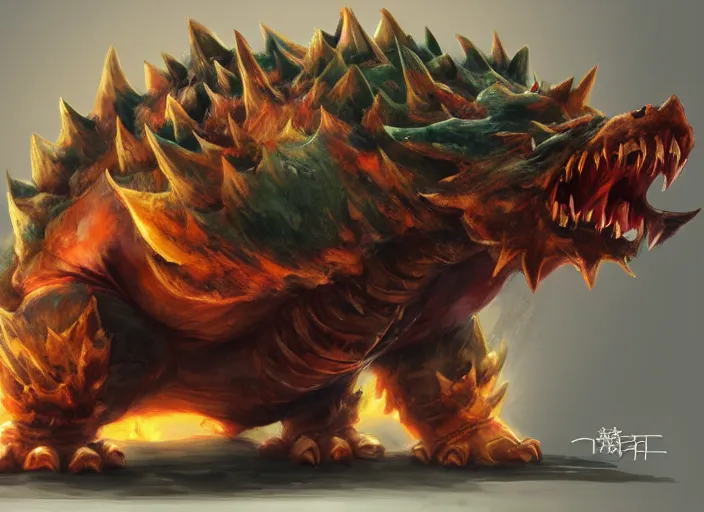 Prompt: detailed concept art of a huge giant bowser by cheng yi and luolin, aartstation, artstationhd, detailed scales, spiky. bowser, bowser nintendo, koopa, ~ bowser # bowser ( ( mario ) ) bcy. net, realistic. cheng yi, fire breathing. bowser