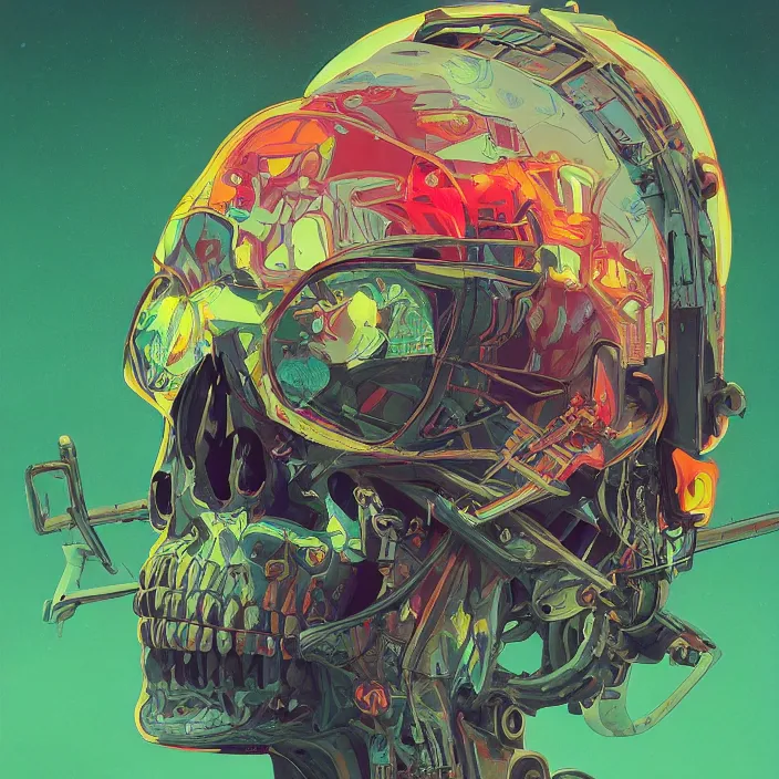 Image similar to a beautiful painting of a cyberpunk skull by simon stalenhag and pascal blanche and alphonse mucha. in style of digital art. colorful comic, film noir, symmetry, hyper detailed. octane render. trending on artstation