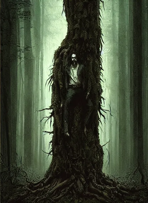 Image similar to highly detailed horror movie poster with angry creepy keanu reeves as a tree, keanu reeves faces in the bark of many trees sentient leafy catastrophe by greg rutkowski, masterpiece, really funny, 1 0 / 1 0 creepy