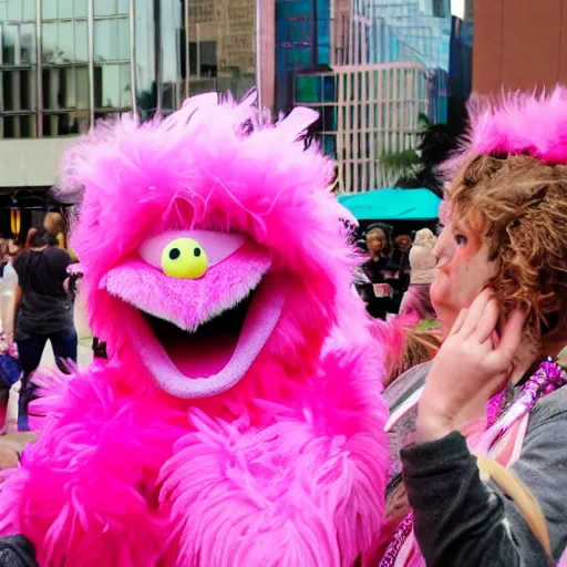 Image similar to hot pink feather boa muppet at furry convention, with furries in the background