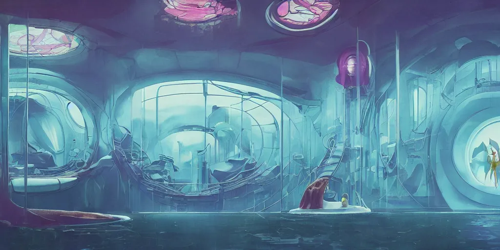 Image similar to undersea laboratory interior with organic circular windows, figures, soft neon lights, bright colors, cinematic, cyberpunk, smooth, chrome, lofi, nebula, calming, dramatic, fantasy, by Moebius, by zdzisław beksiński, fantasy LUT, studio ghibli, high contrast, epic composition, sci-fi, dreamlike, surreal, angelic, 8k, unreal engine, hyper realistic, fantasy concept art, XF IQ4, 150MP, 50mm, F1.4, ISO 200, 1/160s, natural light, Adobe Lightroom, photolab, Affinity Photo, PhotoDirector 365