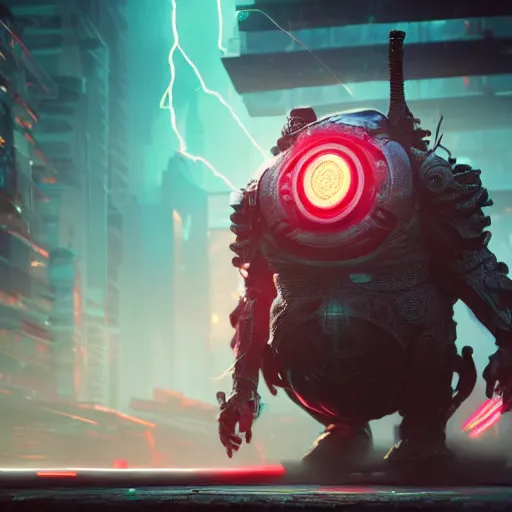 Image similar to a photo of a huge wide toad in a futuristic armor with glowing katana sword, cyberpunk, hyper realistic, hyper detailed, volumetric lightning, grainy film, octane render, 8k, raytracing