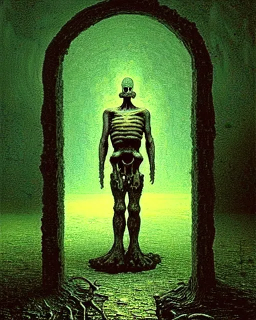 Image similar to full-body creepy realistic illustration central composition, a decapitated soldier with futuristic elements. he welcomes you into the fog with no head, dark dimension, empty helmet inside is occult mystical symbolism headless full-length view. standing in ancient gate eldritch energies disturbing frightening eerie, award-winning digital artwork by Salvador Dali, Beksiński, Van Gogh and Monet.