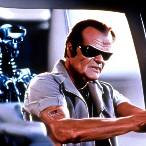 Image similar to Jack Nicholson plays Terminator, epic action scene where his endoskeleton gets exposed, still from the film, cinematic, 80s