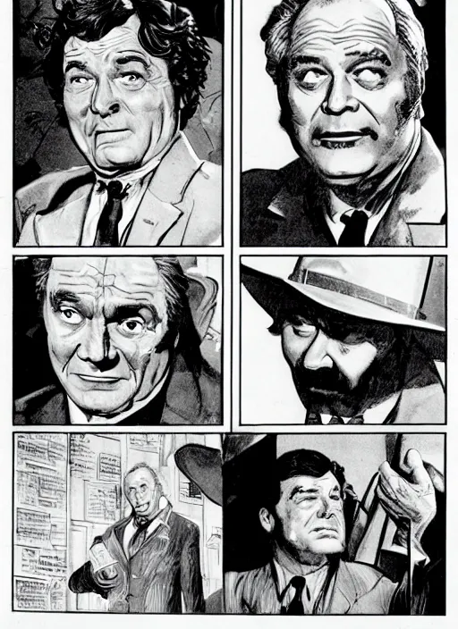 Image similar to Columbo and E. G. Marshall as Upson Pratt, comic book panels, artwork by Bernie Wrightson, detailed