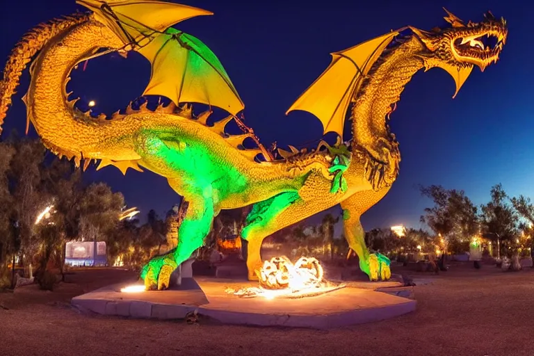 Prompt: firebreathing dragon statue at a festival in the desert at night, wide angle, F 1.4