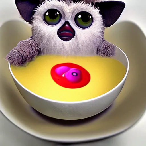 Image similar to Furby submerged in a bowl of alphabet soup