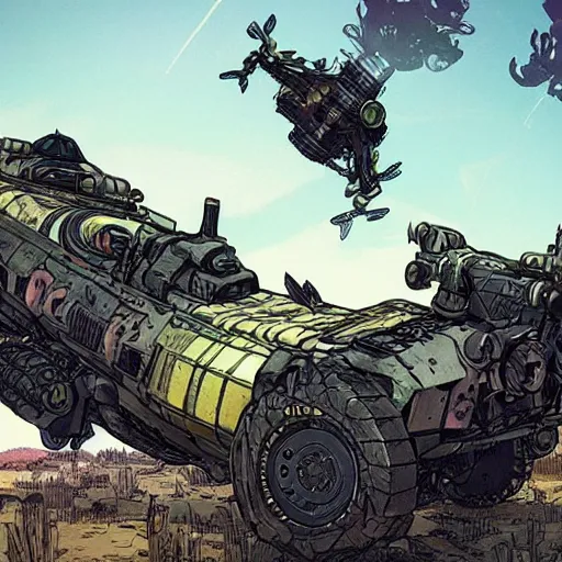 Image similar to alligator mech jeep concept borderland that looks like it is from Borderlands and by Feng Zhu and Loish and Laurie Greasley, Victo Ngai, Andreas Rocha, John Harris