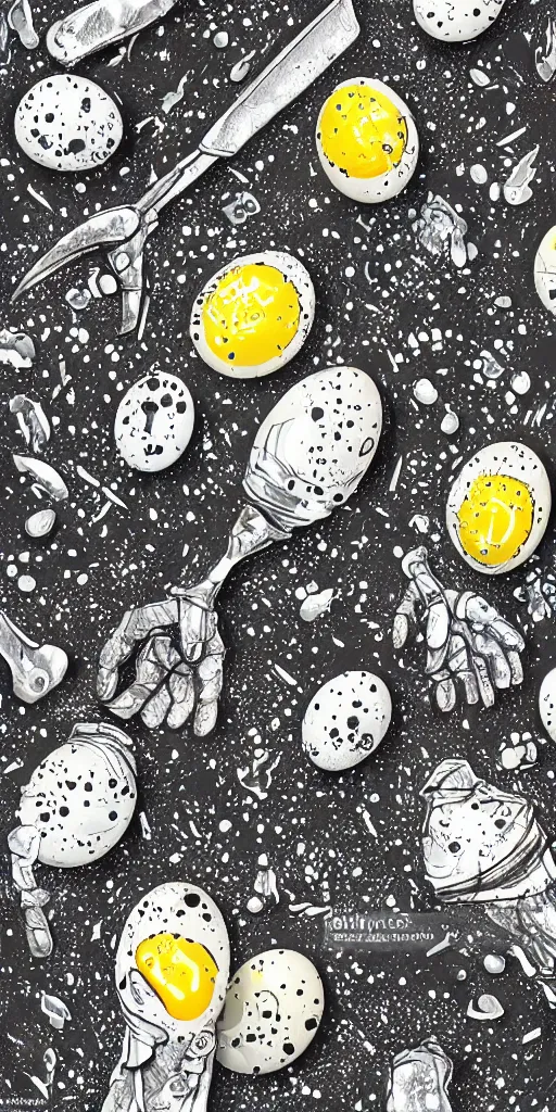 Image similar to high detailed drawing broken eggs, with arms. knife, splatters micro droplets, disney style