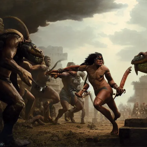 Image similar to Our Protagonist, a Dark Skinned Orc Barbarian Adventurer, winning in a foot race against soldiers mounted on Velociraptors, Aztec Coliseum, Oil Painting, hyperrealistic, octane render, Detailed Digital Art, RPG scene, William-Adolphe Bouguereau, Michael Cheval, dynamic lighting, Highly Detailed, Cinematic Lighting, 8k, HD