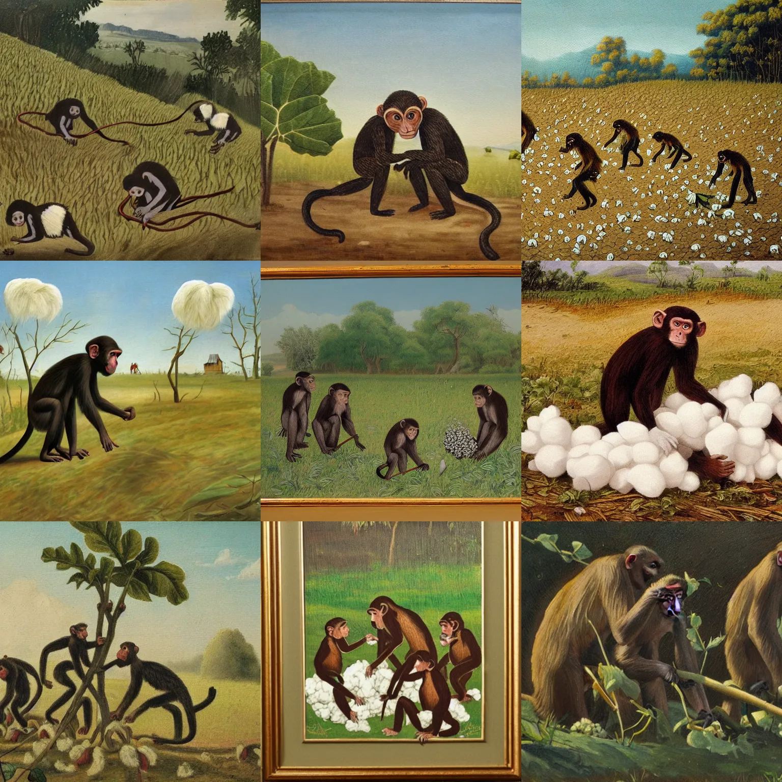 Prompt: monkeys picking up cotton in a field, old painting