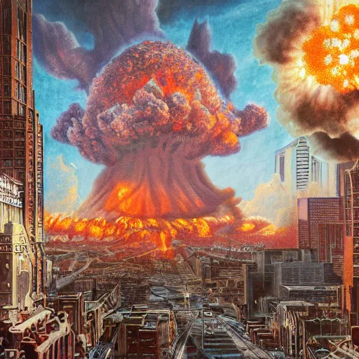 Prompt: nuclear blast in the center of dallas, extreme realism, huge explosion, massive destruction, extremely detailed digital painting, highly detailed, 1 9 2 0's colored pencil art style, deep aesthetic, 8 k, highly ornate intricate details, cinematic lighting, rich colors, digital artwork, ray tracing, hyperrealistic, photorealistic, cinematic landscape, trending on artstation,