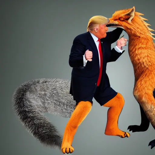 Image similar to donald trump fighting a giant fox - lizard