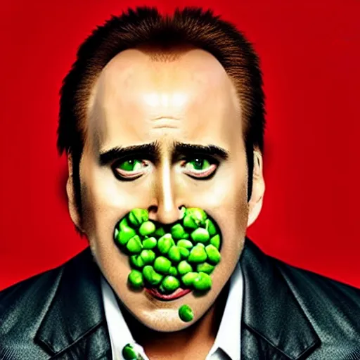 Image similar to nicolas cage with peas on his face, screaming in a wicker basket