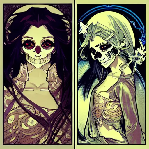 Image similar to anime manga skull portrait woman comic skeleton illustration style by alphonse mucha and artgerm, dramatic lighting, pop art nouveau