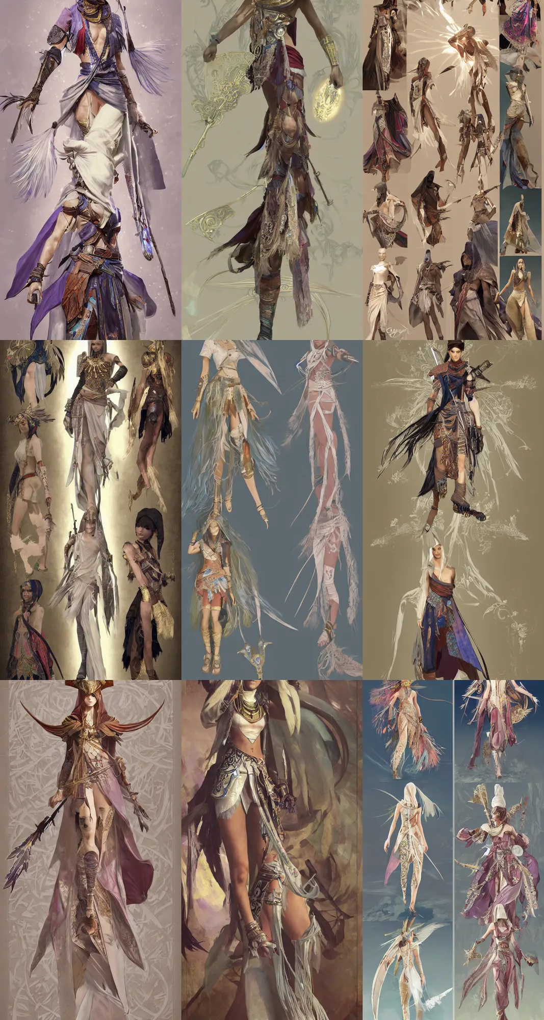 Prompt: Painterly character concept and fashion spot illustrations from the Final Fantasy 13 and Assassin's Creed Origins mashup, full-body, bloom, dynamic poses, diaphanous cloth, bloom, god rays, studio lighting, intricate crystalline and feather jewelry, ornate, filigree, arcane, cinematic lighting, by Alphonse Mucha, by James Gurney, by Bouguereau, by Rubens, fantasy, portfolio illustration, highly detailed, trending on Artstation, CGsociety, Pixologic top row, rendered in Octane, rendered in Arnold, HQ, 8k, 35mm lens, f2.8, Bokeh,