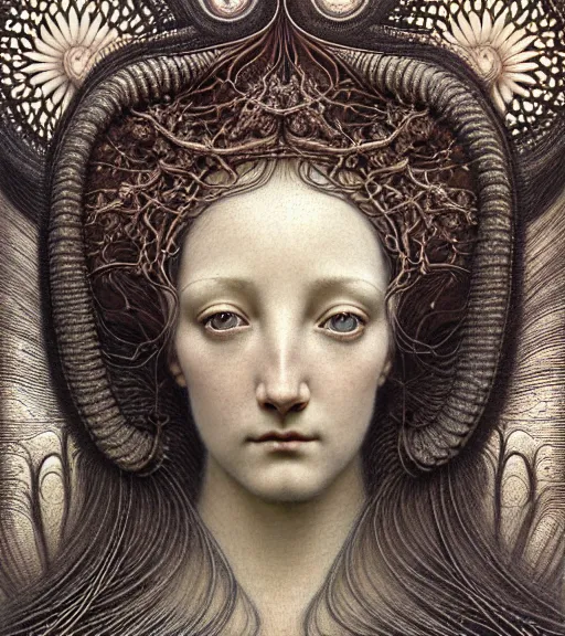 Image similar to detailed realistic beautiful lily goddess face portrait by jean delville, gustave dore, iris van herpen and marco mazzoni, art forms of nature by ernst haeckel, art nouveau, symbolist, visionary, gothic, neo - gothic, pre - raphaelite, fractal lace, intricate alien botanicals, ai biodiversity, surreality, hyperdetailed ultrasharp octane render