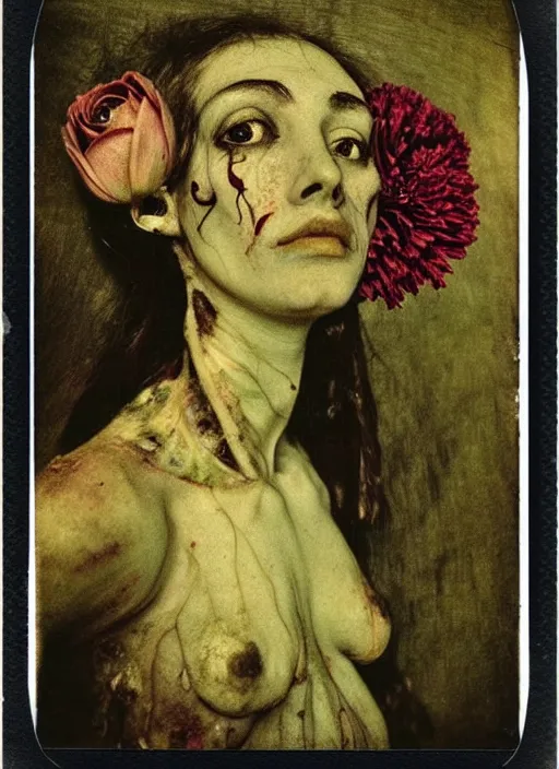 Image similar to beautiful and detailed rotten woman made of plants and many types of stylized flowers like carnation, chrysanthemum, roses and tulips, intricate, surreal, john constable, guy denning, gustave courbet, caravaggio, romero ressendi 1 9 1 0 polaroid photo